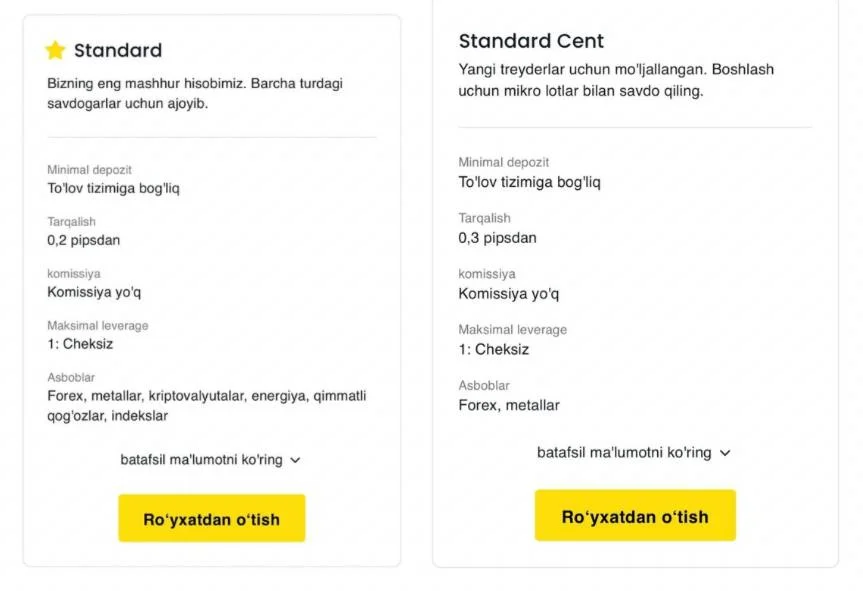 Exness standard hisobi